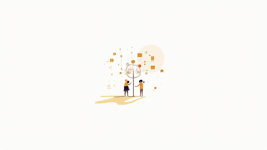 Illustration of a person reaching out through technology, symbolizing contact and communication.