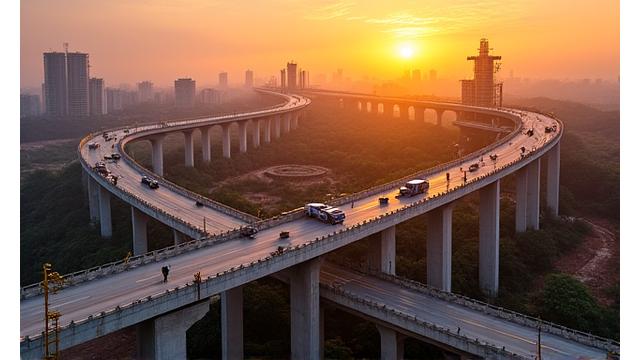 Modern highway interchange under construction at sunset