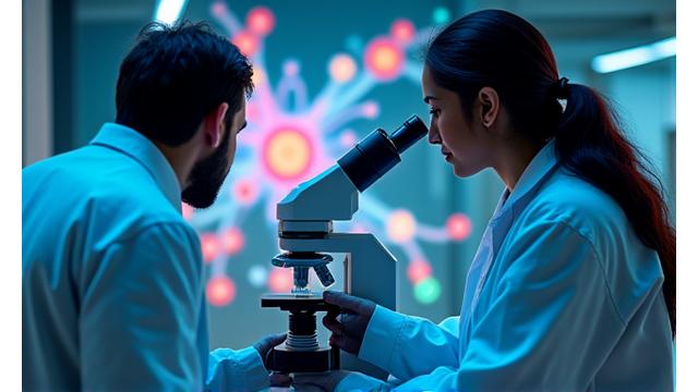 Scientists in a laboratory looking at a microscope with vibrant molecular imagery