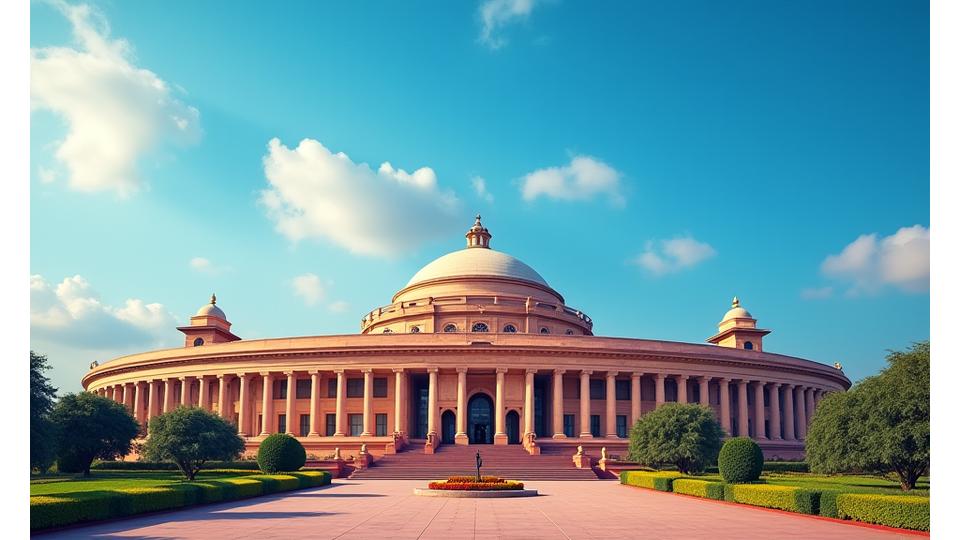 Indian Parliament building with a strong, optimistic sky
