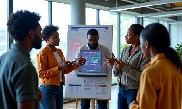 A diverse group of young African tech entrepreneurs collaborating in a modern office