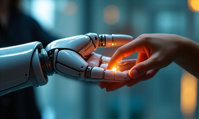 A futuristic robot hand reaching for a human hand, symbolizing AI and ethics