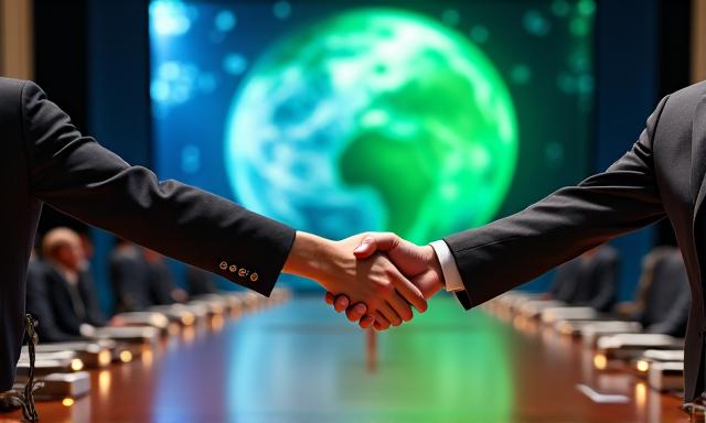 World leaders shaking hands at a climate summit, with a green Earth backdrop