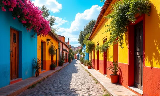 Colorful colonial buildings in a Latin American city street, bright and vibrant