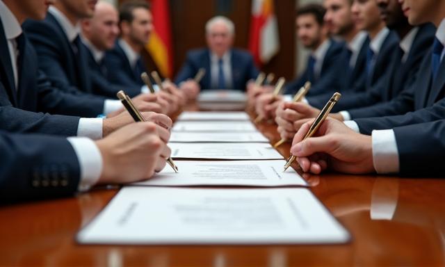 Delegates signing a treaty document at a large, formal international conference desk
