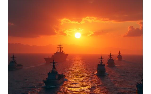 Naval vessels patrolling in the South China Sea at sunset, with a vibrant sky